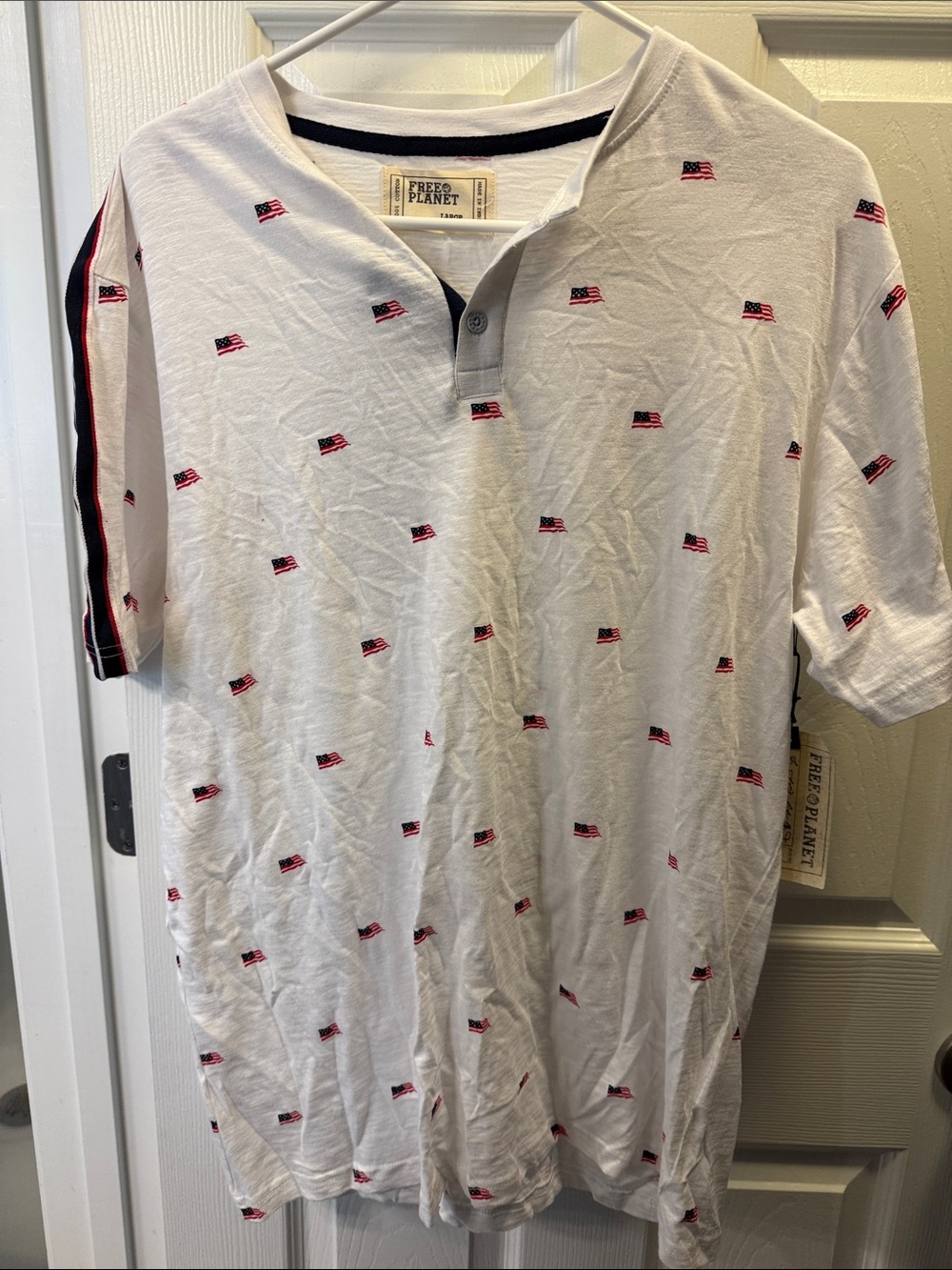 Free Planet White Henley Polo with Red & Blue Flag Embroidery